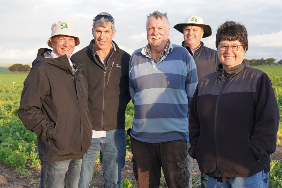 SAGIT Chair Max Young (second from left), pictured with SAGIT Project Manager Malcolm Buckby (left), Mick Faulkner from the Mid North High Rainfall Zone Group, SAGIT Trustee Ted Langley and SAGIT Scientific Officer Jenny Davidson. The Mid North High Rainfall Zone Group leads the Frost Learning Centre project which was awarded SAGIT funding in 2021, in conjunction with the Grains Research and Development Corporation.
Photo courtesy of SAGIT