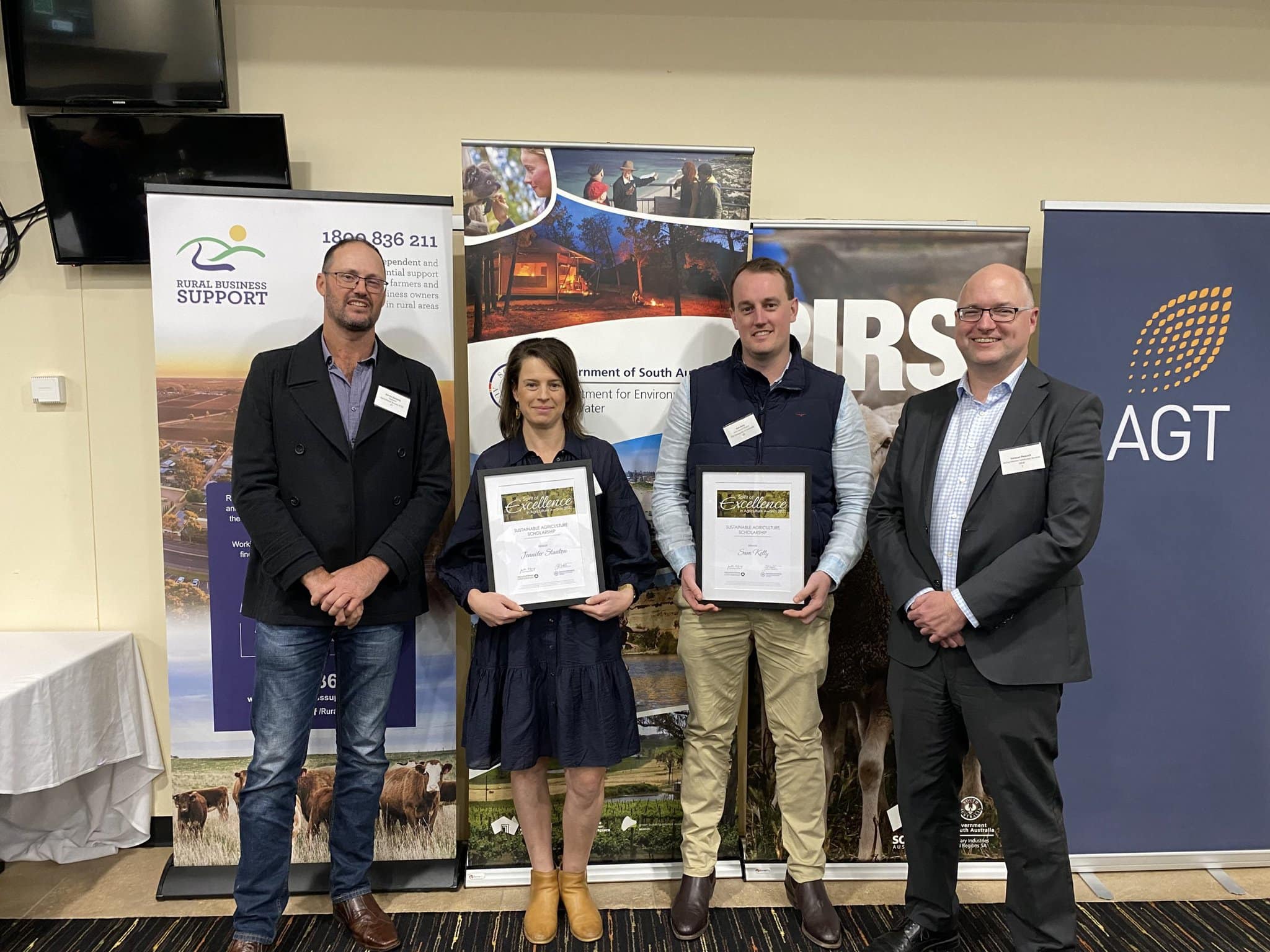 (L-R) Darren Kennedy, Treasurer and Board Member of The Agricultural Bureau of South Australia, Sustainable Agriculture Scholarship finalists Jenny Stanton and Sam Kelly, Saravan Peacock, Acting Director Landscape Services, for the Department of Environment and Water