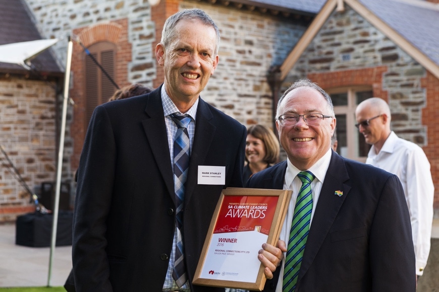 Mark Stanley, Regional Connections and Minister for Climate Change, Ian Hunter accepting the SA Climate Leaders Award in Adelaide