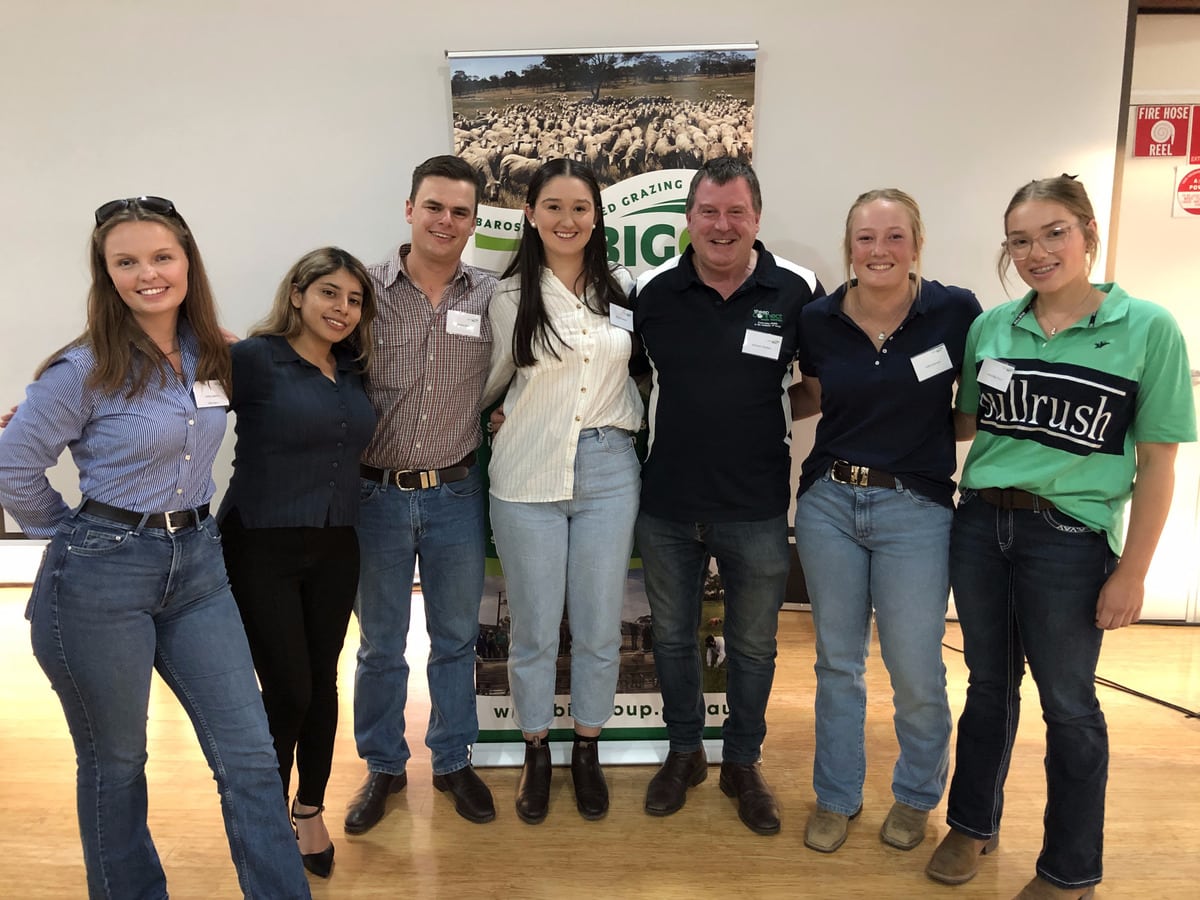 Some of the young conference attendees including Emily Adams, BIGG Communications Intern; Nicol Rios, University of Adelaide/ SA Dairyfarmers Association Intern;  Jordan Ball, Crop Consulting Services Graduate Agronomist; Shania Cornish, University of Adelaide; Hales Steinert Faith Lutheran College; and Lucy-May Finch, Faith Lutheran College with Graham Clothier, SA Sheep Industry Fund Chairperson