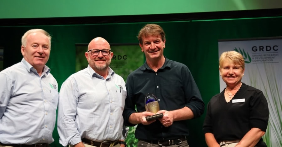 From left to right in photo: Nigel Hart (GRDC Managing Director); Andrew Russell (GRDC Southern Panel Chair); Dr Rick Llewellyn (CSIRO, 2026 GRDC Seed of Light - South recipient); Sharon Starick (GRDC Board Chair). Photo: GRDC

